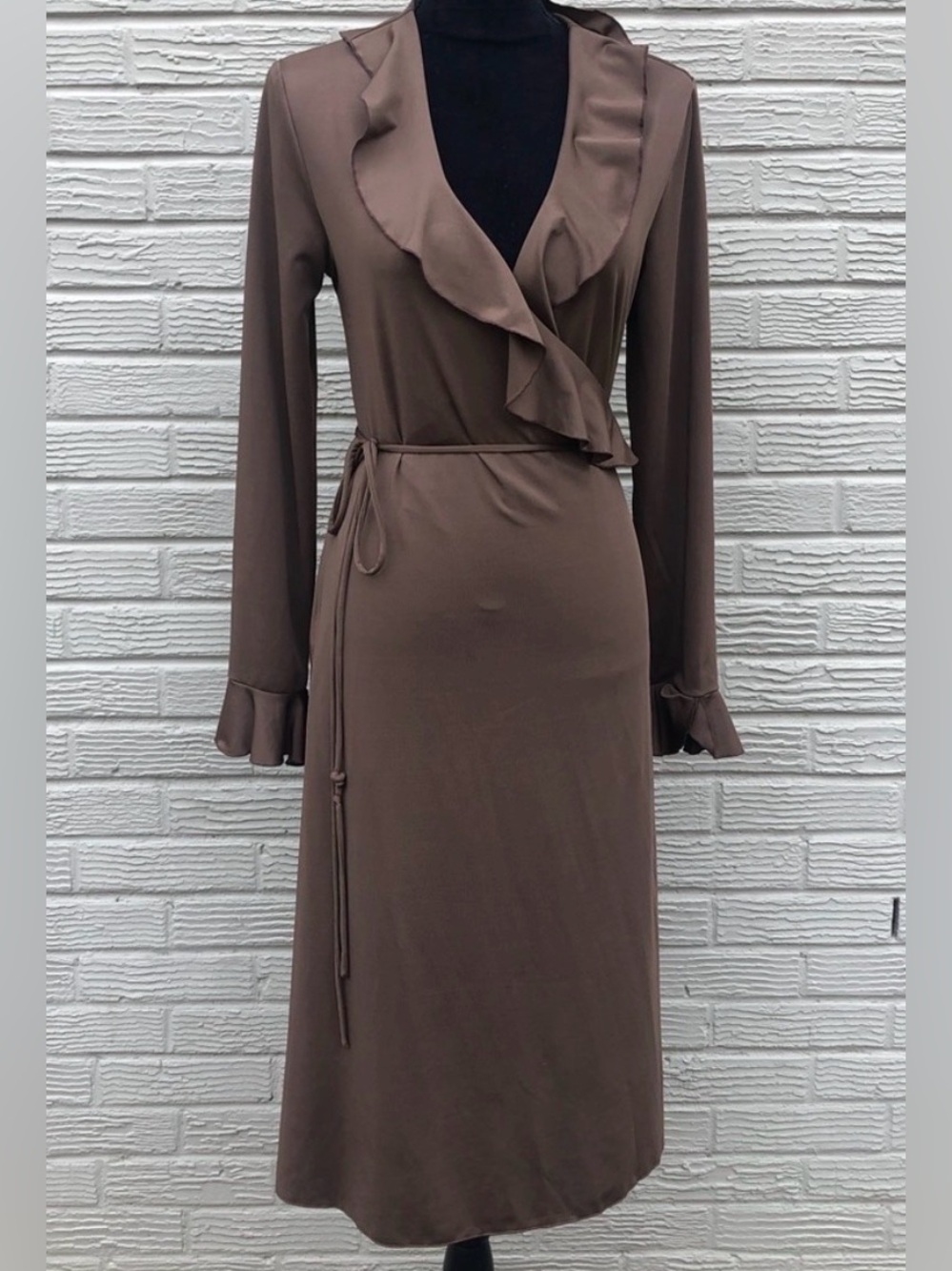 Lapis Brown Long Sleeve Wrap Dress with Flutter Neckline & Cuffs Size M